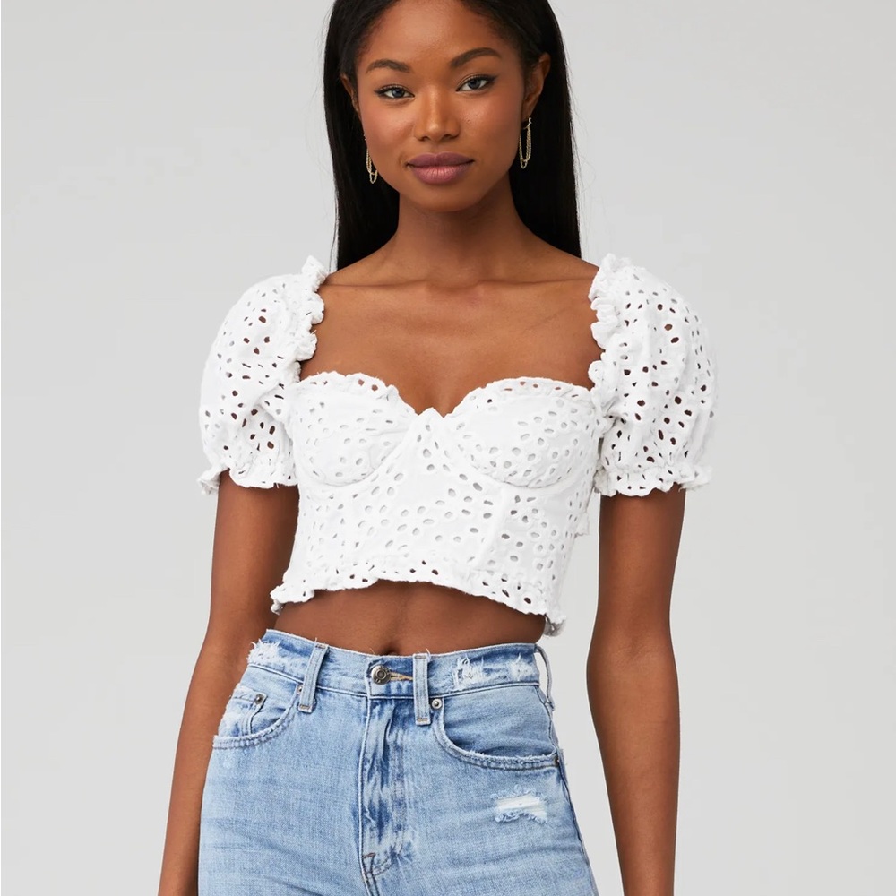 for love and lemons becca white puff sleeve eyelet bustier top